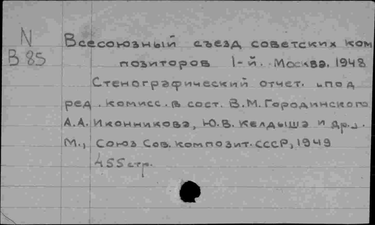 ﻿Всесокззм<они съезд, совете««* ком
поЪ'иторов I- Л . АЛоа ЧВЭ. 19Ч?> Стеногргсричесчии отчет, чпод, ред . коми« . (Ъ сост, й.М. Городиископа А. А. И <онником , 1-0. В. Келдыш Э и Др-а ■ СИ., Согоз Со(ь. <омго 31Л-Г- сссР> 4Э